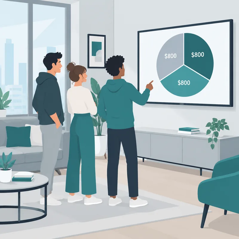 Flat vector illustration of three roommates in a bright shared apartment, looking at a wall screen showing a rent split chart in three parts
